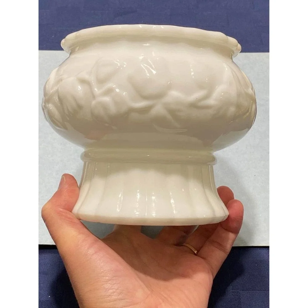 Milk Glass Footed Bowl‎ or Planter with Ribbed Base